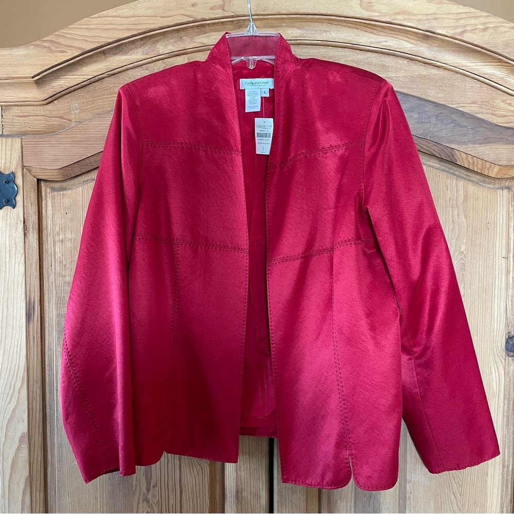 Womens Large Open Front Red Jacket Black Stitching Wool Silk Coldwater Creek NWT